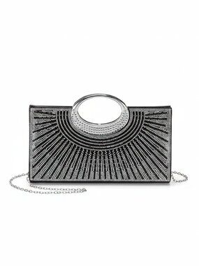 Women Sparkly Black Polyester Rhinestone Clutch Evening Bag Shoulder Chain